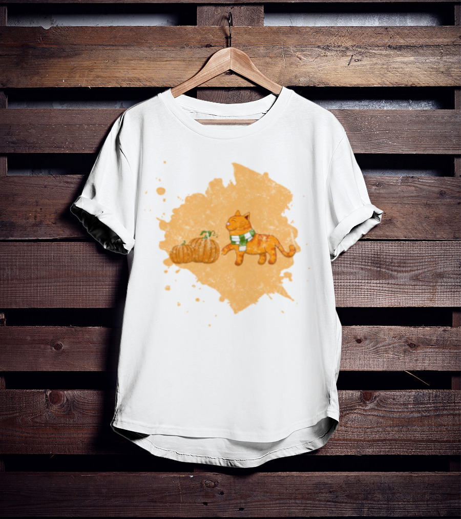 Kitty With Scarf And Pumpkins On Splash Background T-Shirt