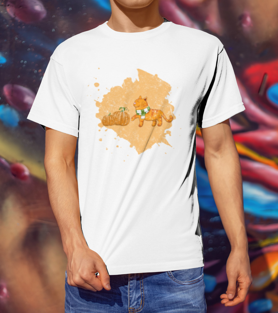 Kitty With Scarf And Pumpkins On Splash Background T-Shirt