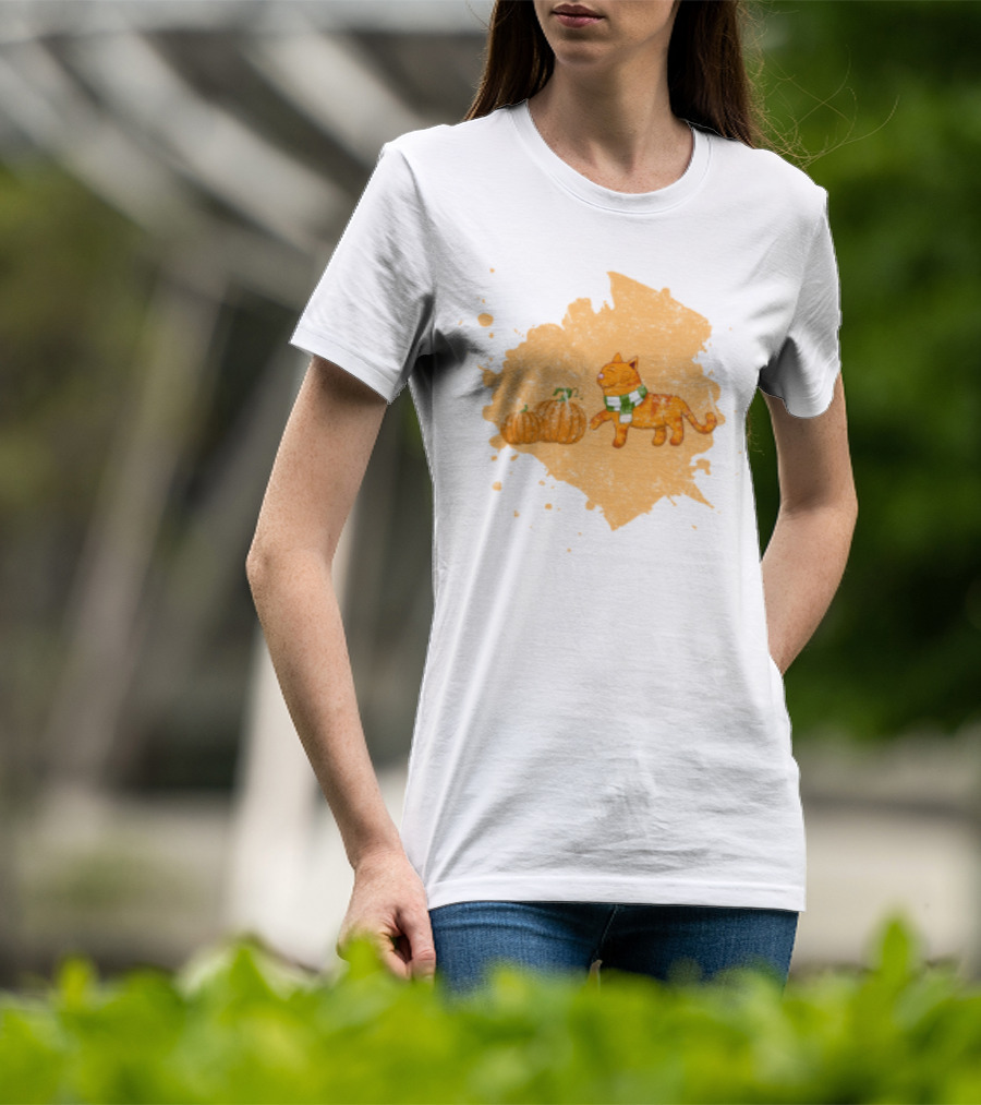 Kitty With Scarf And Pumpkins On Splash Background T-Shirt