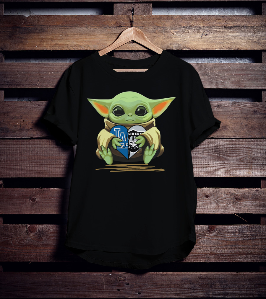 Baby Yoda Holding Heart With Raiders Dodgers Logos T-Shirt