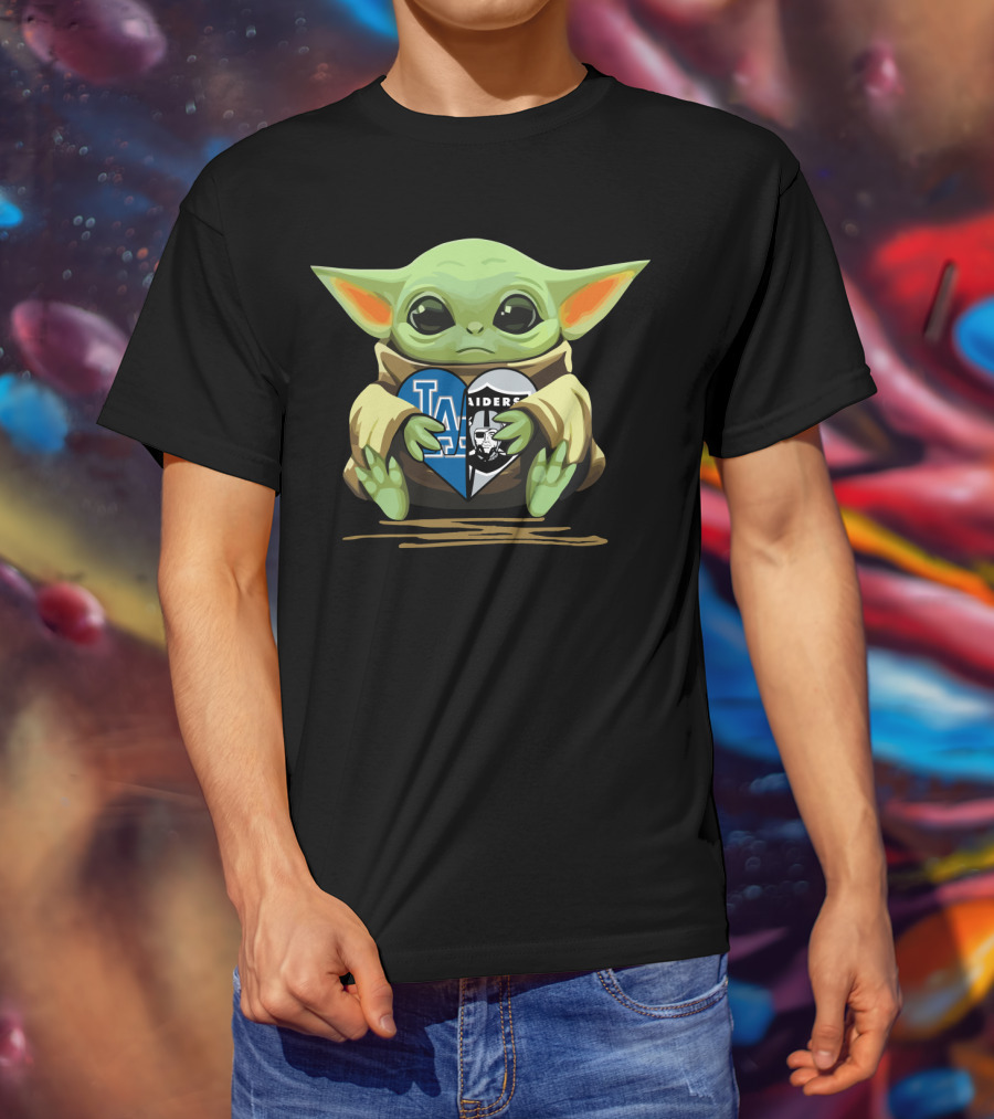 Baby Yoda Holding Heart With Raiders Dodgers Logos T-Shirt