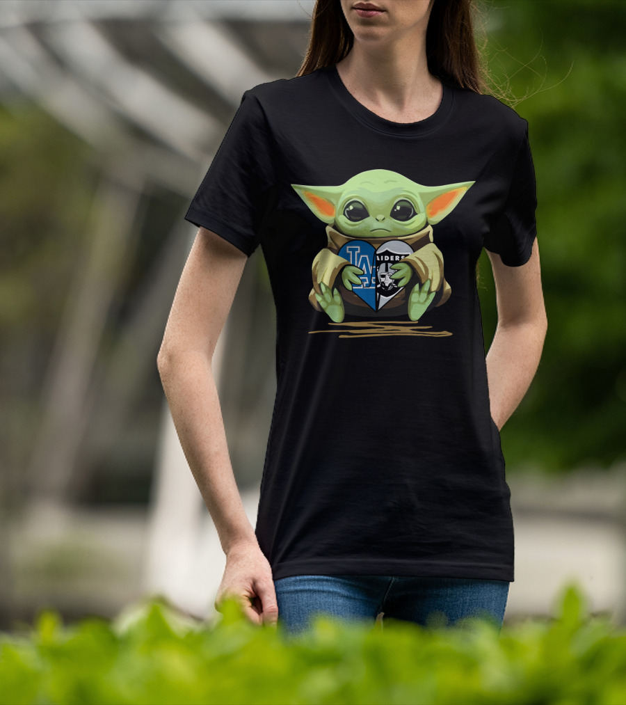 Baby Yoda Holding Heart With Raiders Dodgers Logos T-Shirt
