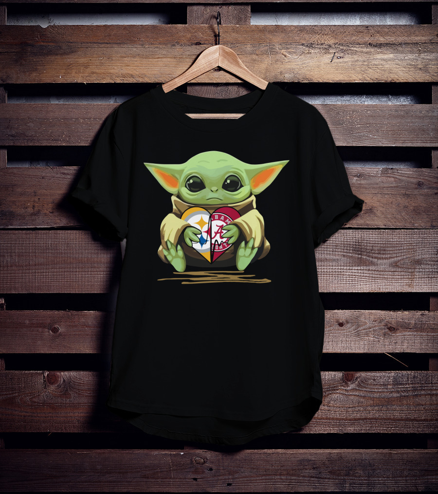 Baby Yoda Holding Pittsburgh Steelers Crimson Tide Alabama Heart T-Shirt