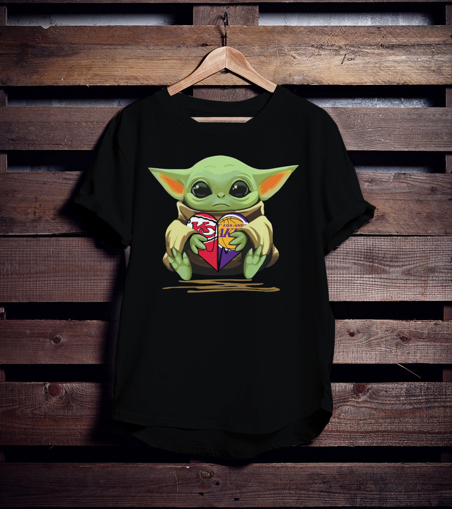 Baby Yoda Holding Kansas City Chiefs Los Angeles Lakers Heart T-Shirt