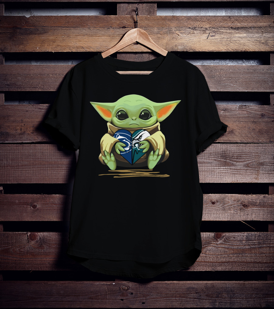Baby Yoda Holding Eagles Lions Heart T-Shirt