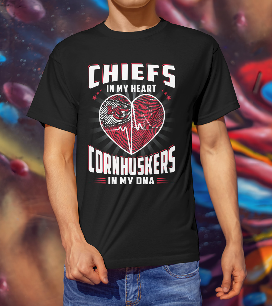 Chiefs In My Heart Cornhuskers Dna Fingerprint Heartbeat T-Shirt