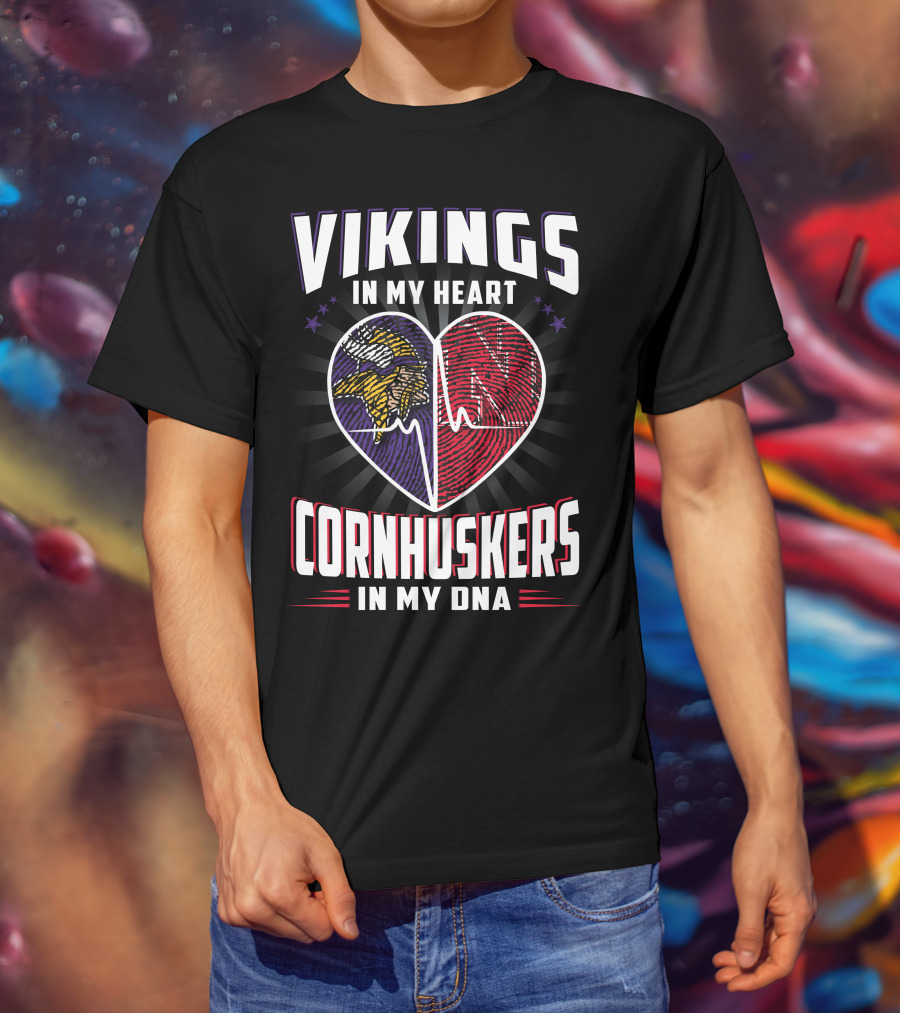 Vikings IN My Heart Cornhuskers IN My Dna Fingerprint Heartbeat T-Shirt