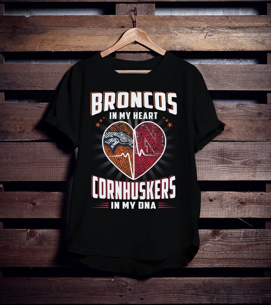 Broncos Heart Cornhuskers Dna Fingerprint Football Pride T-Shirt