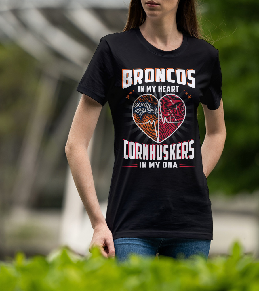 Broncos Heart Cornhuskers Dna Fingerprint Football Pride T-Shirt