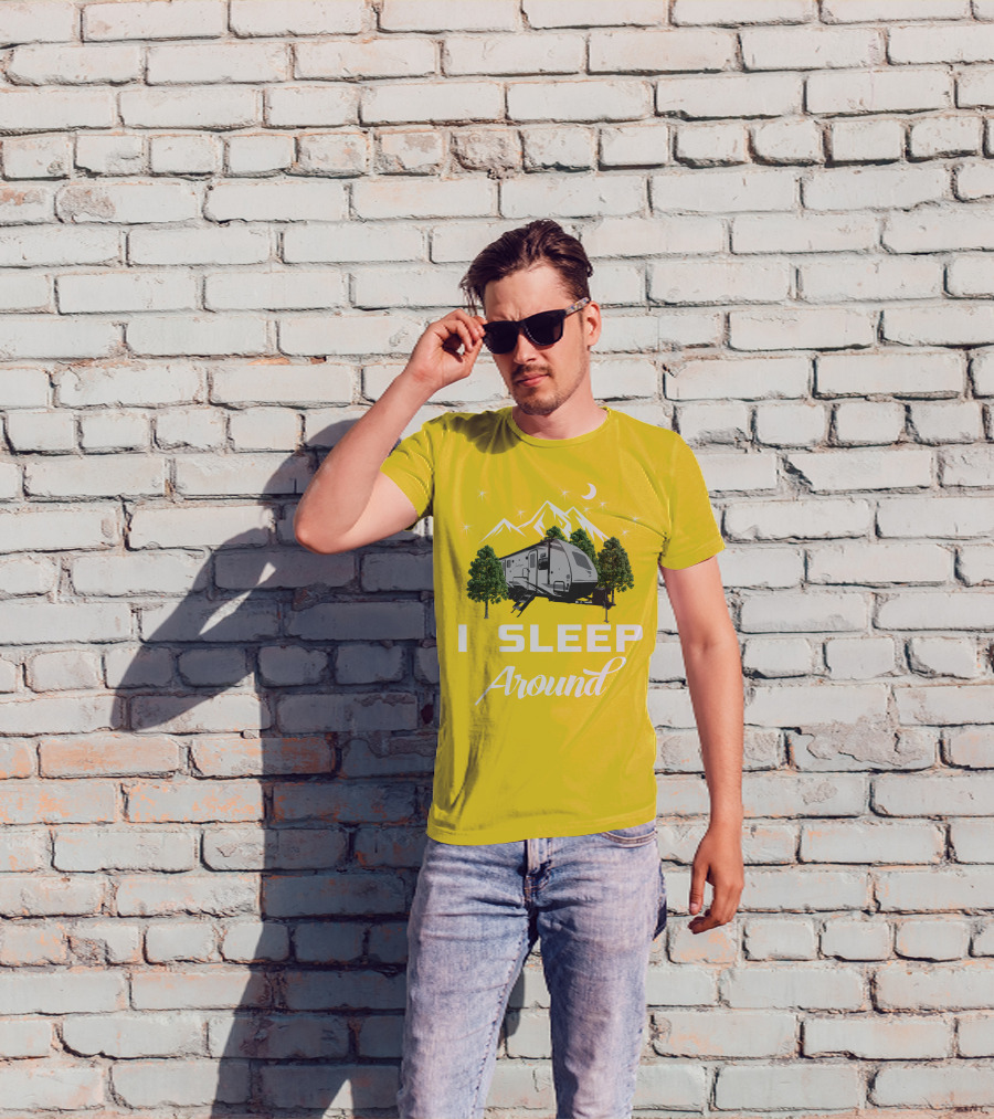 I SLEEP AROUND Forest River Surveyor Camper And Mountain Scene T-Shirt
