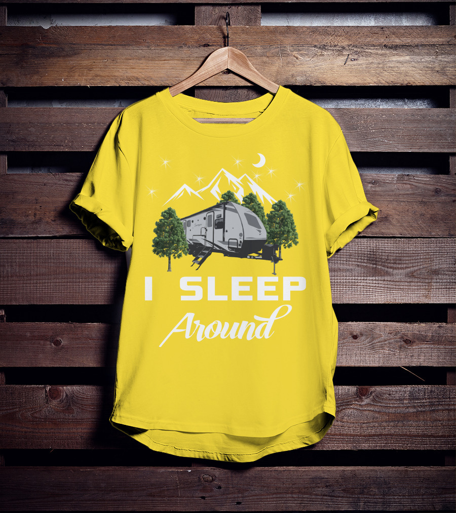 I SLEEP AROUND Forest River Surveyor Camper And Mountain Scene T-Shirt