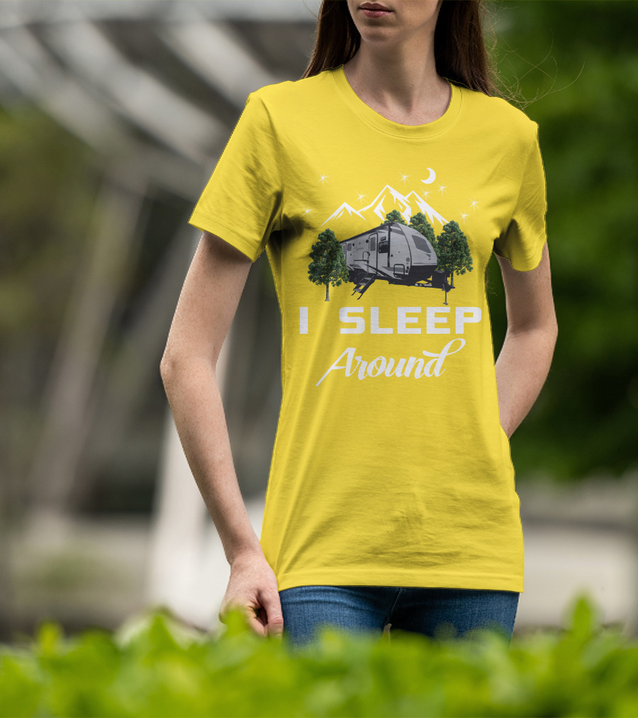 I SLEEP AROUND Forest River Surveyor Camper And Mountain Scene T-Shirt