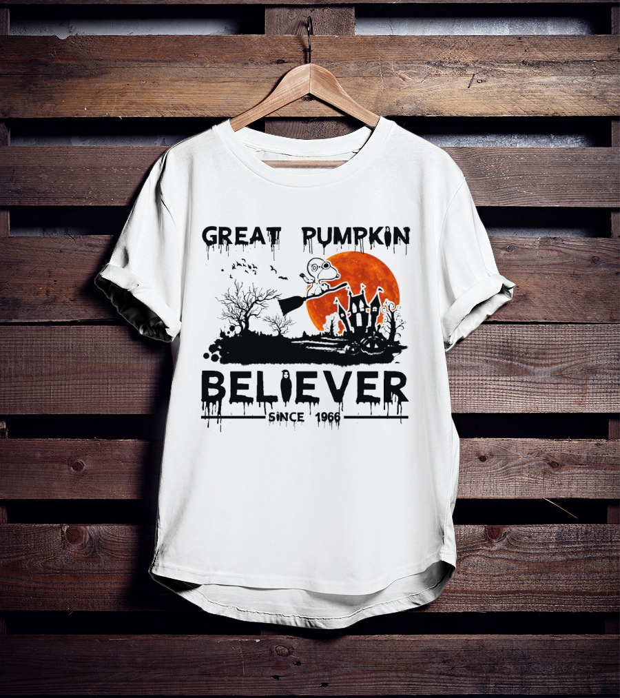Great Pumpkin Believer Since 1966 Snoopy Flying On Broomstick Halloween Scene T-Shirt