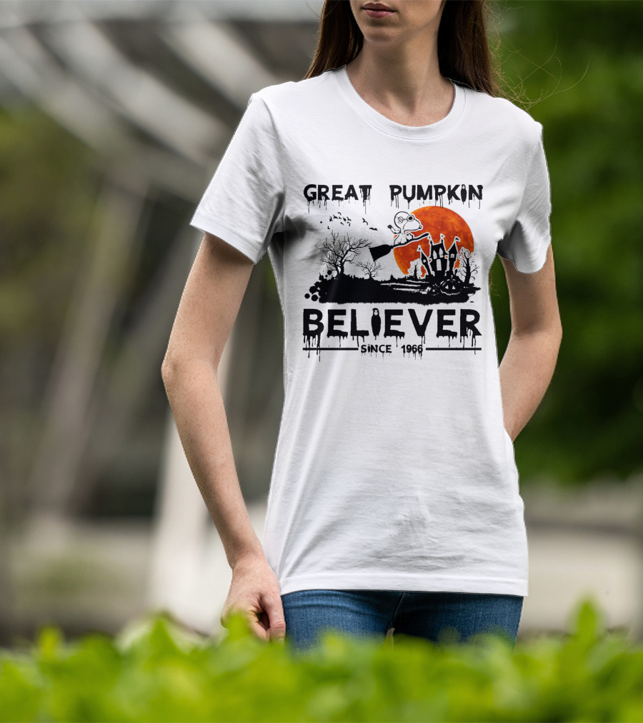 Great Pumpkin Believer Since 1966 Snoopy Flying On Broomstick Halloween Scene T-Shirt