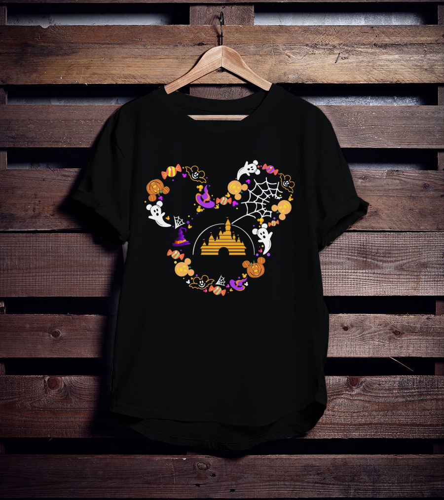 Disney Halloween Mickey Ears Castle Ghosts Spider Web Candy Icons T-Shirt