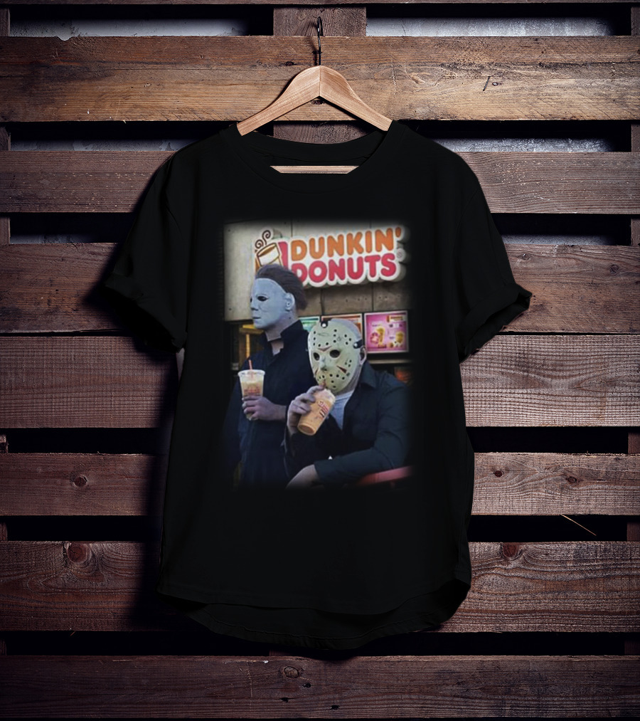 Michael Myers And Jason Voorhees At Dunkin' Donuts Holding Drinks T-Shirt