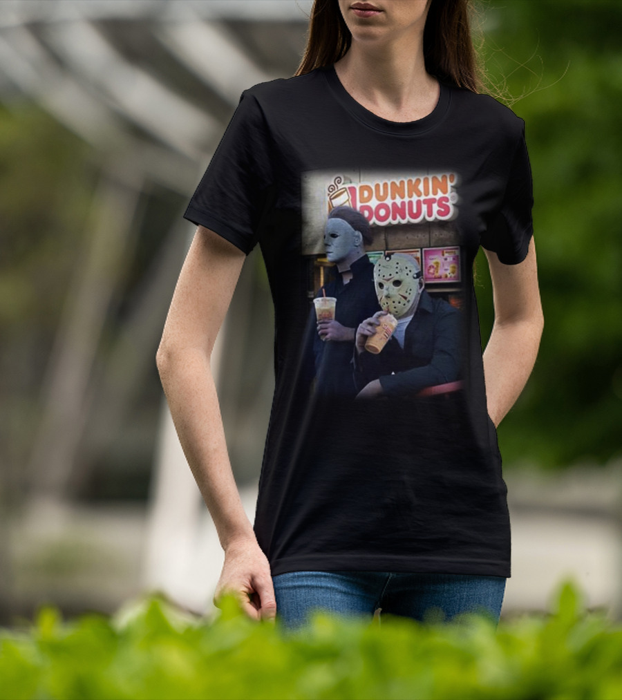 Michael Myers And Jason Voorhees At Dunkin' Donuts Holding Drinks T-Shirt