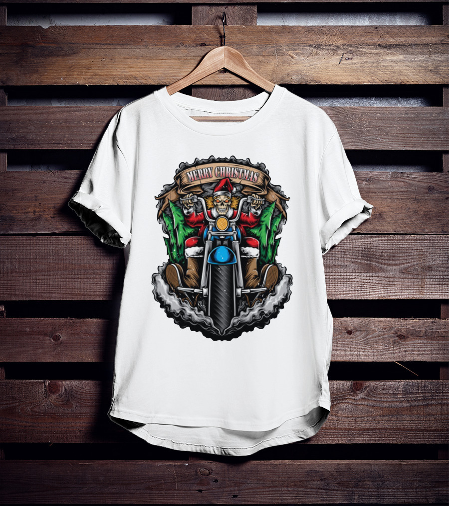 Skeleton Santa Biker Merry Christmas T-Shirt
