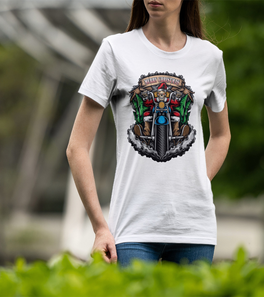 Skeleton Santa Biker Merry Christmas T-Shirt