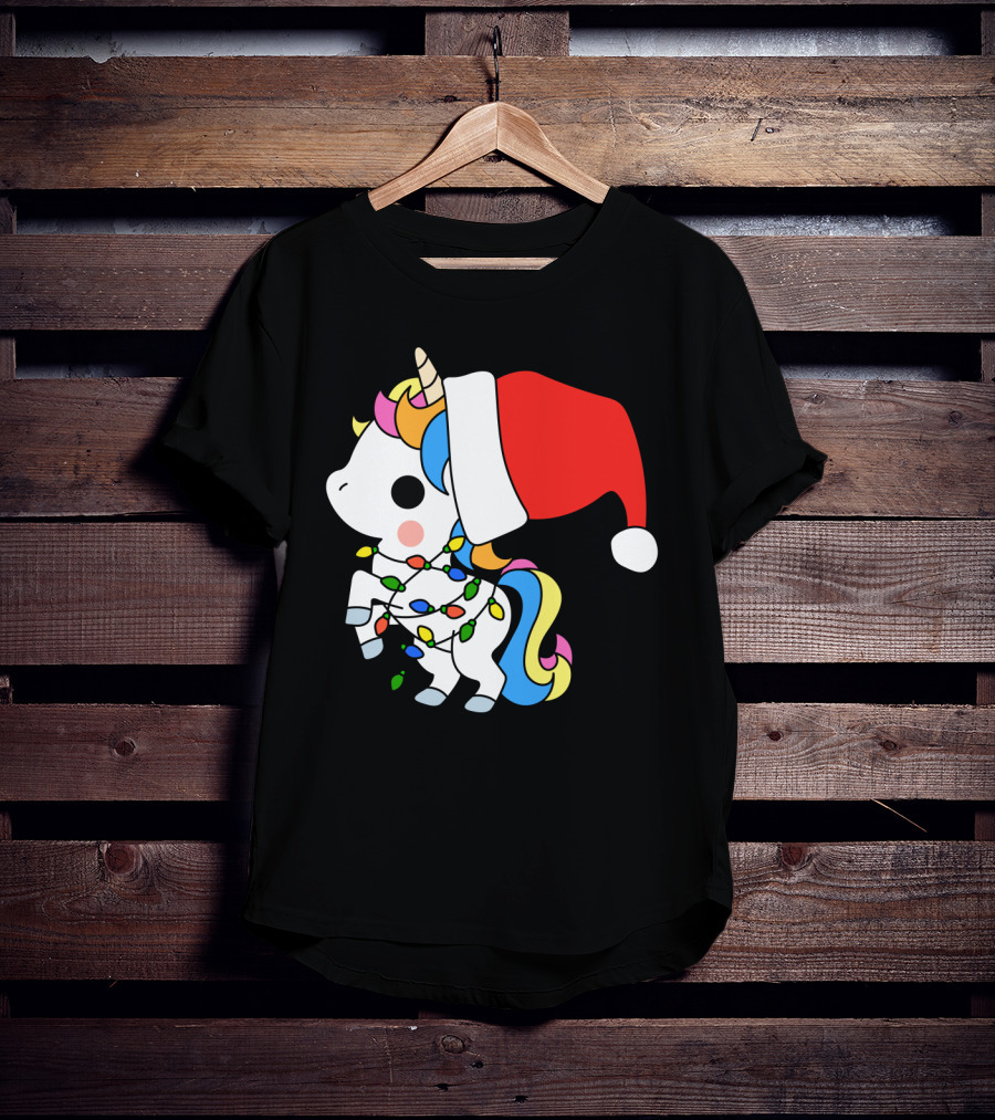 Unicorn Santa Christmas Lights Festive Fantasy T-Shirt