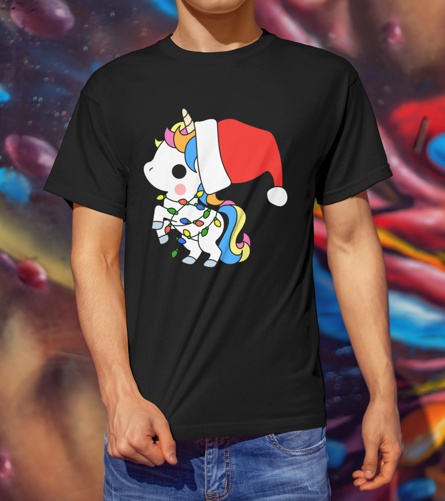 Unicorn Santa Christmas Lights Festive Fantasy T-Shirt