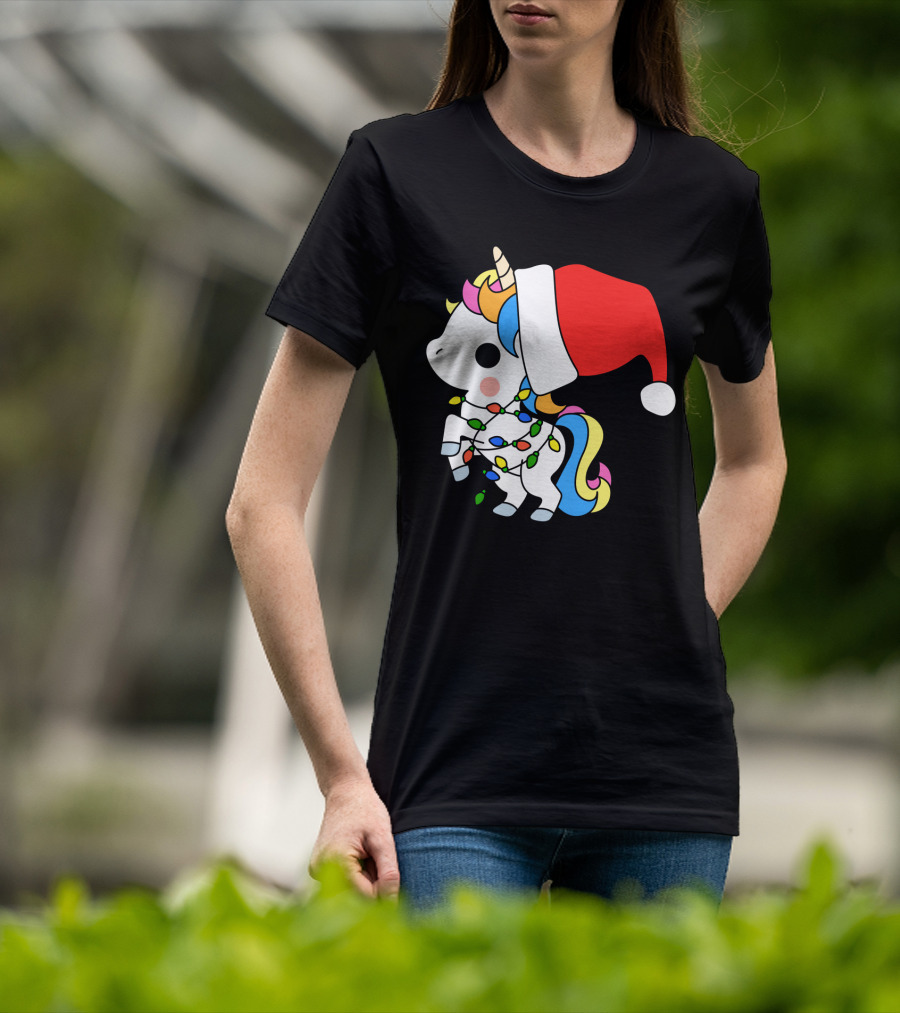 Unicorn Santa Christmas Lights Festive Fantasy T-Shirt