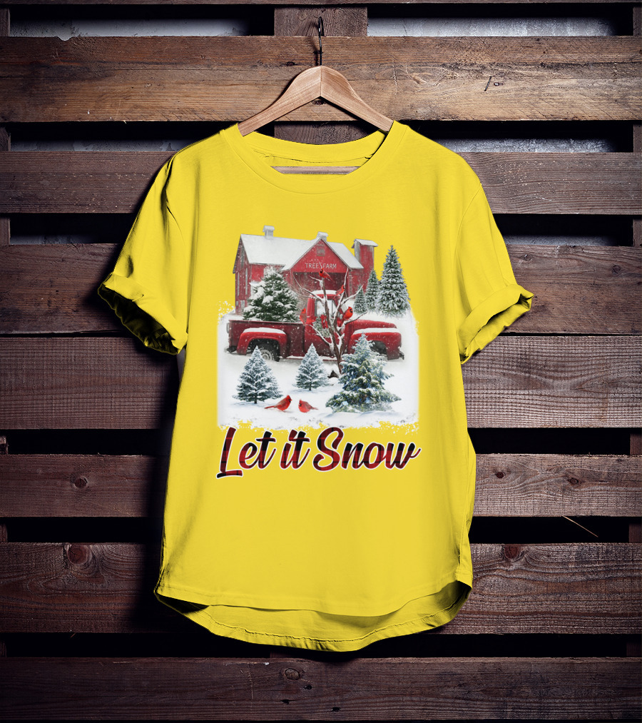Let It Snow Cardinal Birds Red Tree Farm Holiday Scene T-Shirt