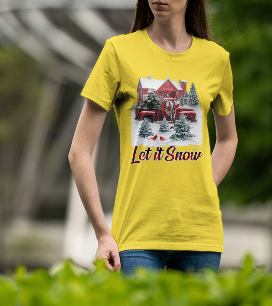 Let It Snow Cardinal Birds Red Tree Farm Holiday Scene T-Shirt