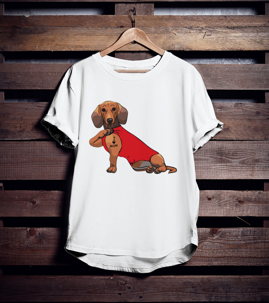 I Love Mom Dachshund Tattoo Puppy In Red T-Shirt
