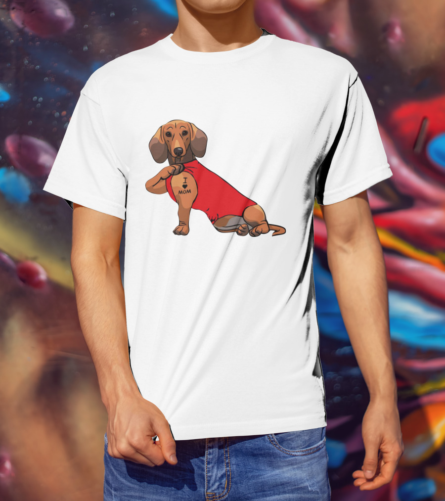 I Love Mom Dachshund Tattoo Puppy In Red T-Shirt