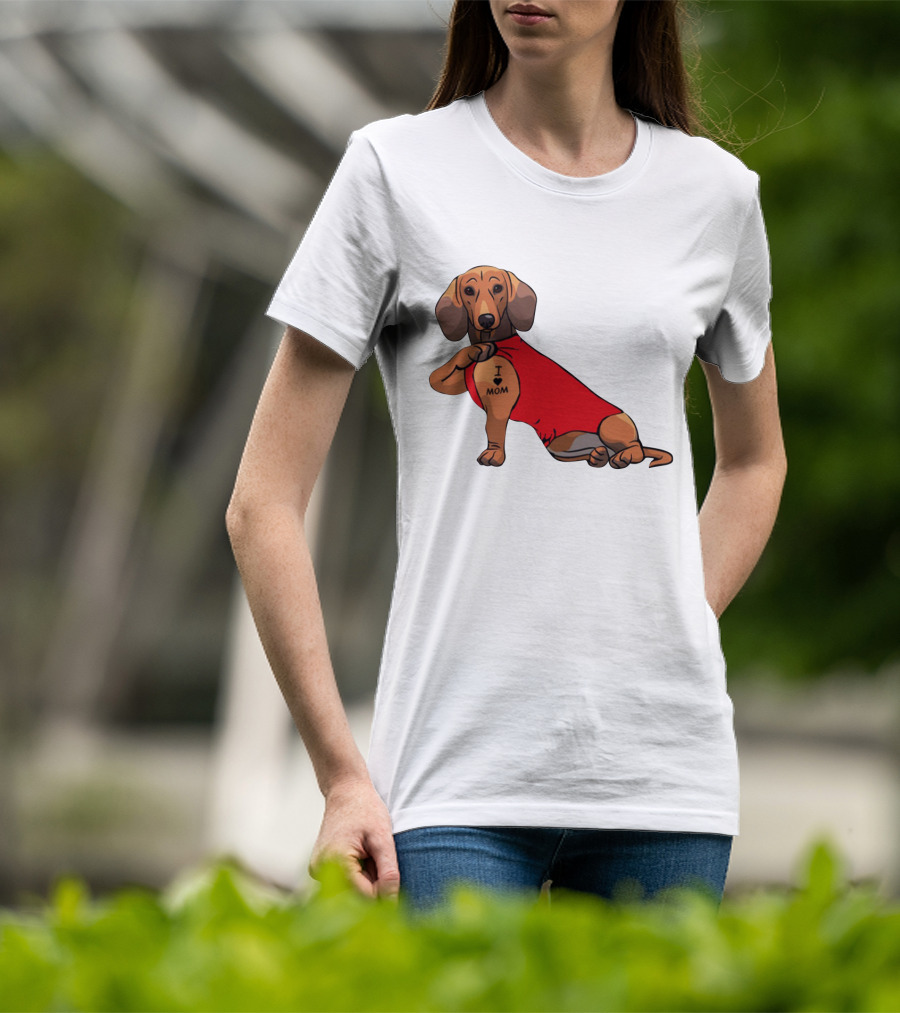 I Love Mom Dachshund Tattoo Puppy In Red T-Shirt