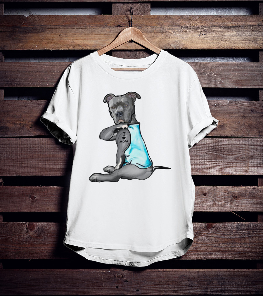 Pitbull I Love Mom Tattoo Blue T-Shirt