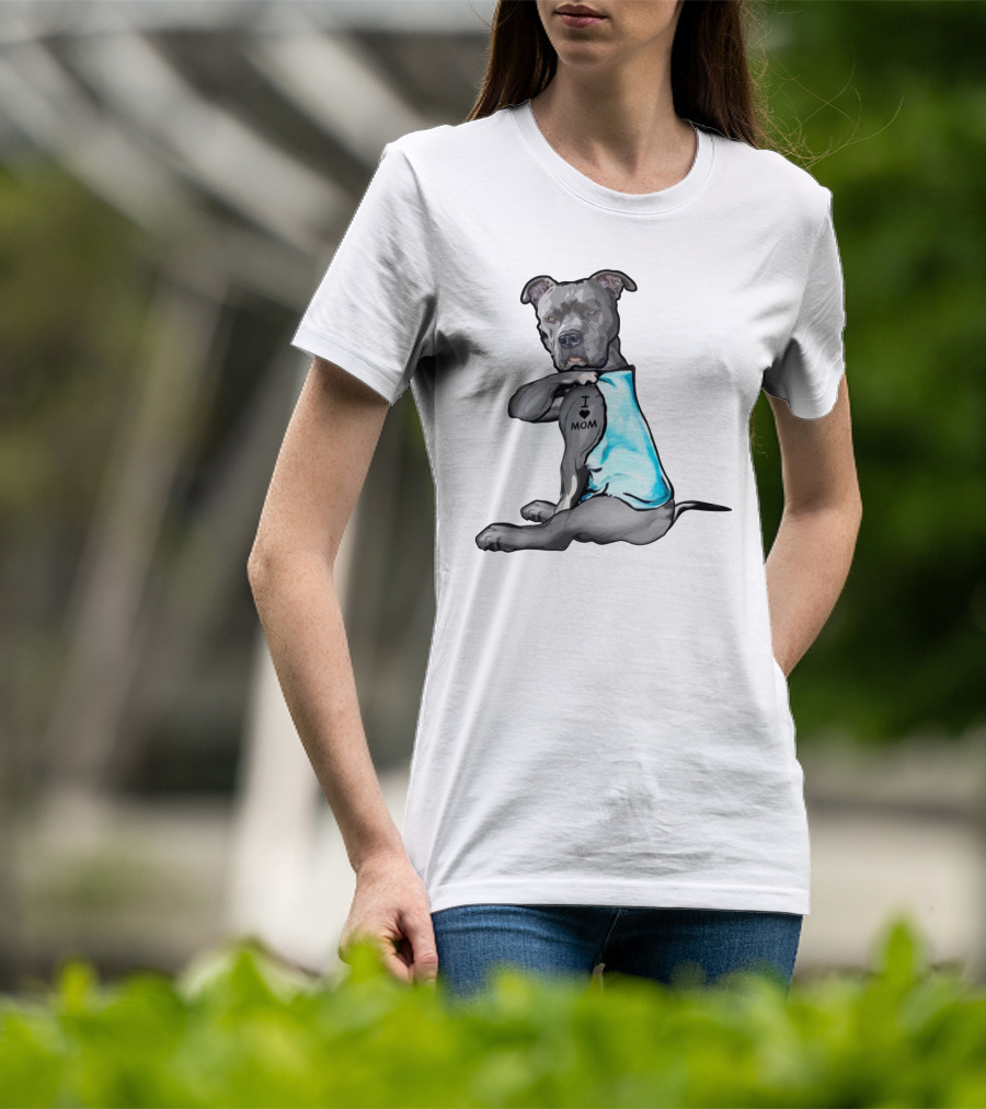 Pitbull I Love Mom Tattoo Blue T-Shirt