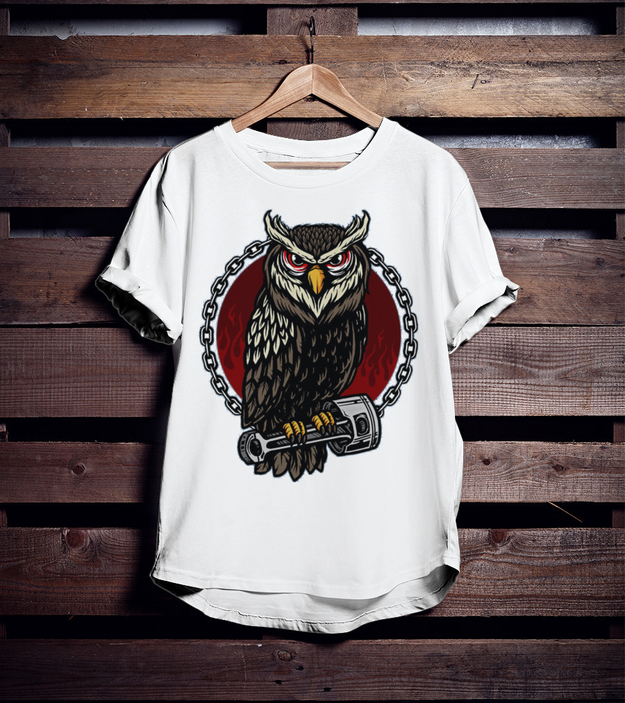 Owl And Piston Motorbike Enthusiast Chain Flame Background T-Shirt