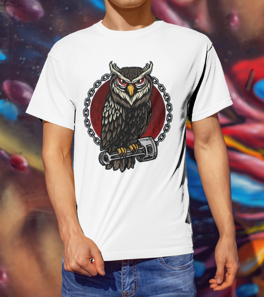 Owl And Piston Motorbike Enthusiast Chain Flame Background T-Shirt