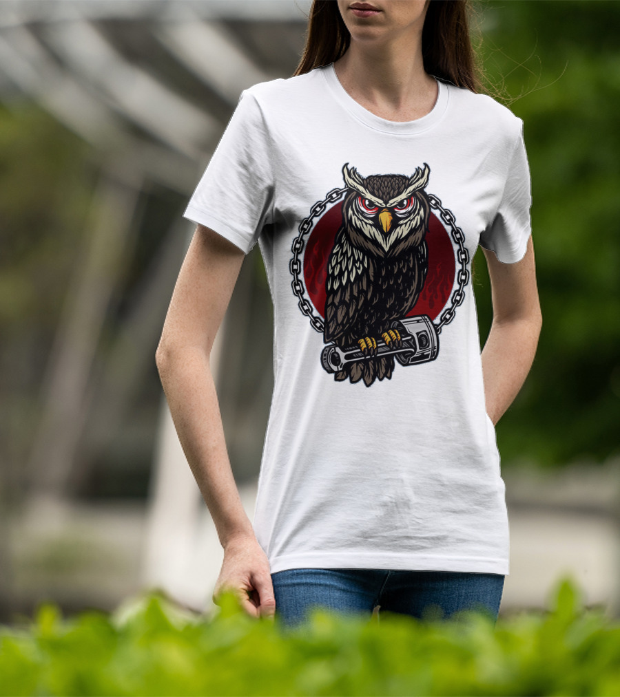 Owl And Piston Motorbike Enthusiast Chain Flame Background T-Shirt
