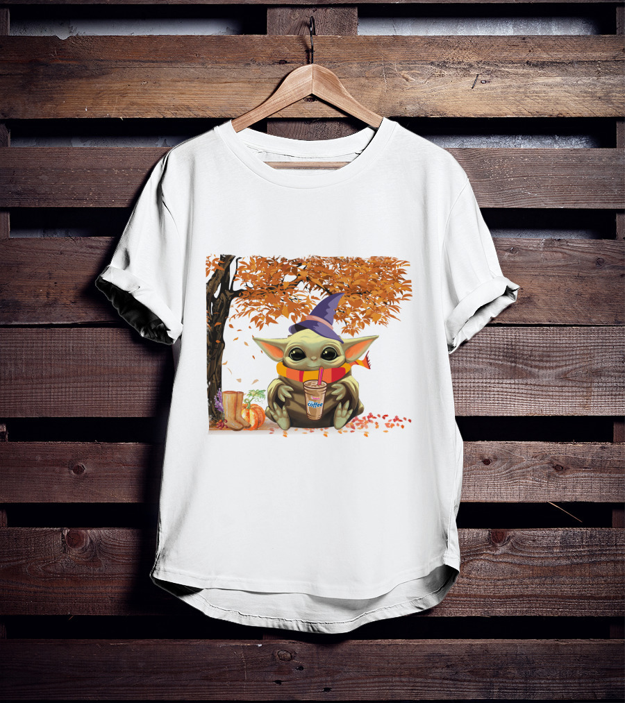 Baby Yoda Autumn Magic Coffee Hug Halloween Wizard Hat Scarf Pumpkin Leaves T-Shirt
