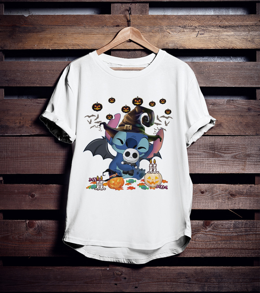 Happy Halloween Stitch Hugs Witch Baby Jack Skellington Pumpkins Candles Bats T-Shirt