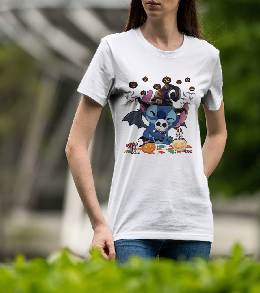 Happy Halloween Stitch Hugs Witch Baby Jack Skellington Pumpkins Candles Bats T-Shirt