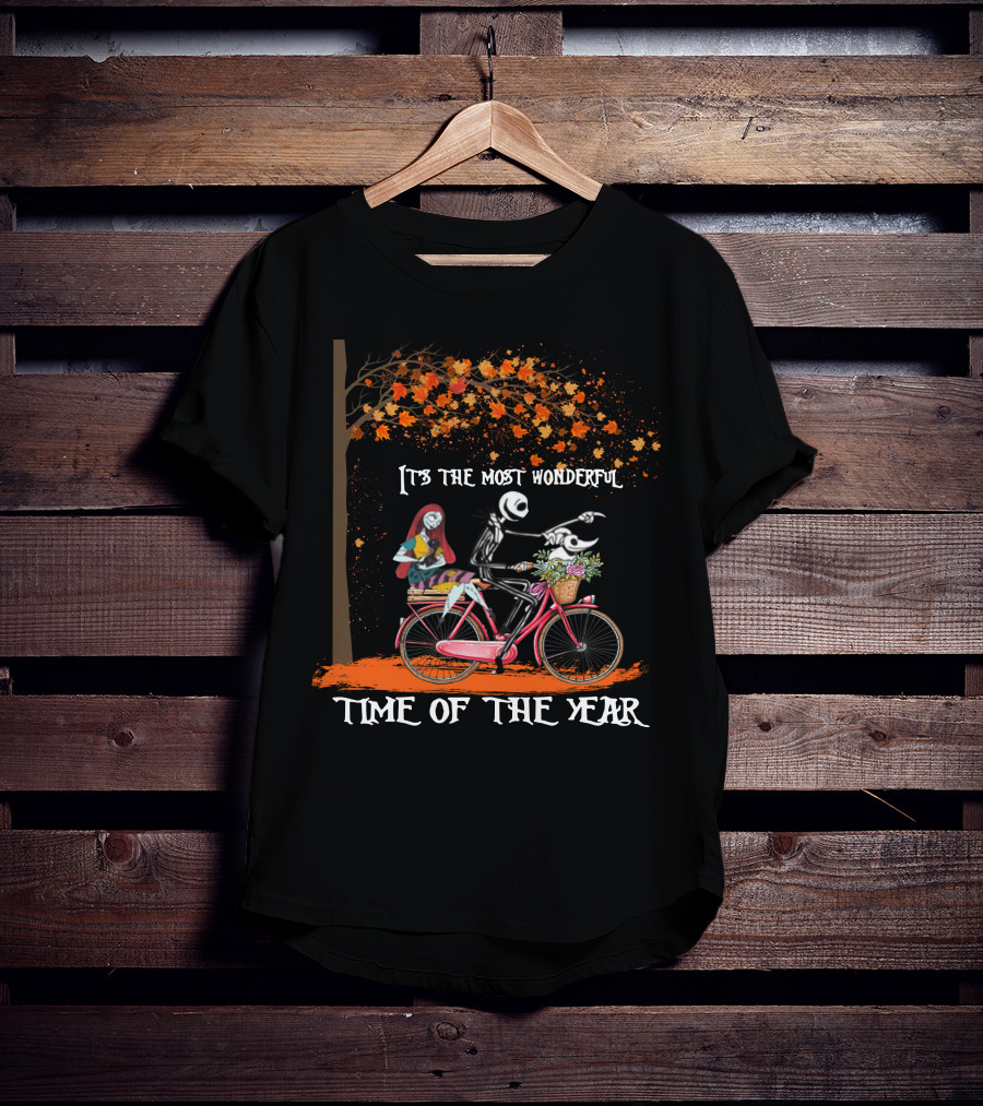 Jack And Sally It's The Most Wonderful Time Of The Year Bicycle Ride Under Autumn Tree T-Shirt