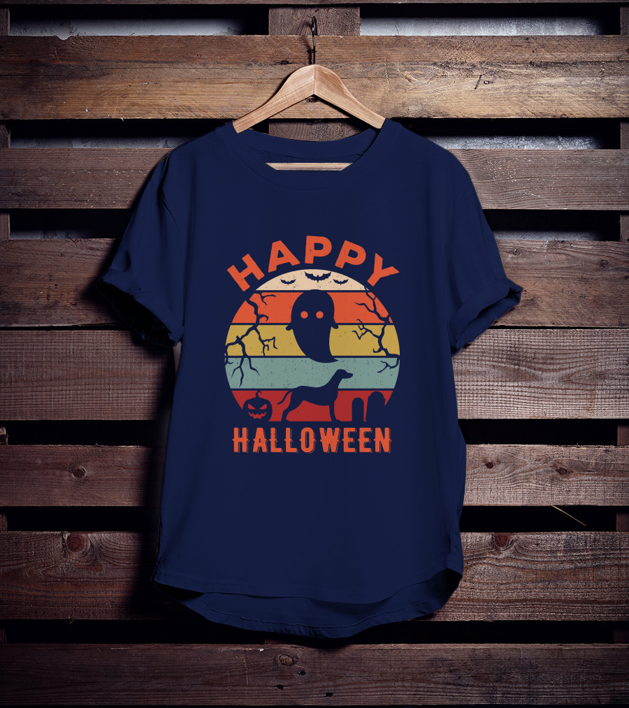 Happy Halloween Dalmatian Dog Ghost Pumpkin Retro Stripes T-Shirt
