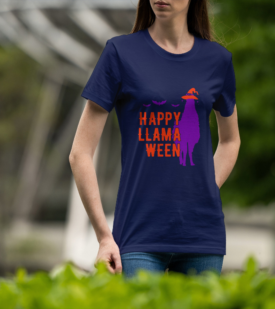 Happy Llamaween Llama Halloween Bat Witch Hat T-Shirt