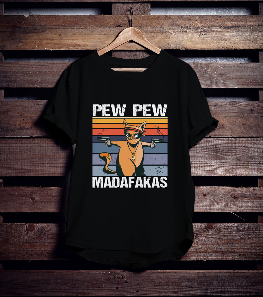 Pew Pew Madafakas Cat With Sunglasses And Retro Stripes T-Shirt