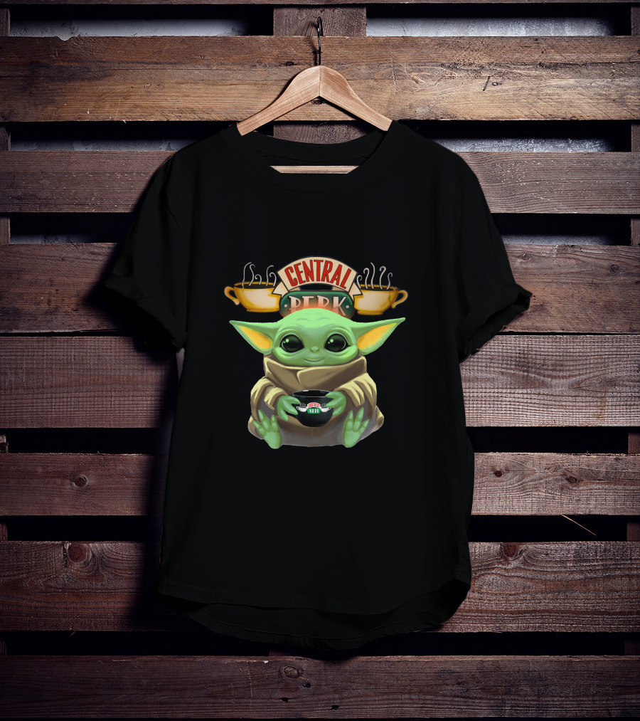 Baby Yoda Hugging Central Perk Coffee Cup Friends-Star Wars Crossover T-Shirt