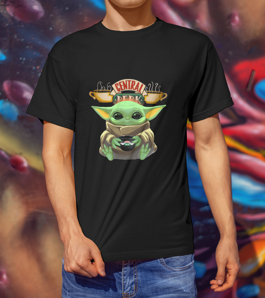Baby Yoda Hugging Central Perk Coffee Cup Friends-Star Wars Crossover T-Shirt