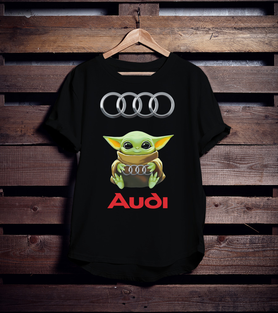 Baby Yoda Holding Audi Logo Under Audi Rings T-Shirt