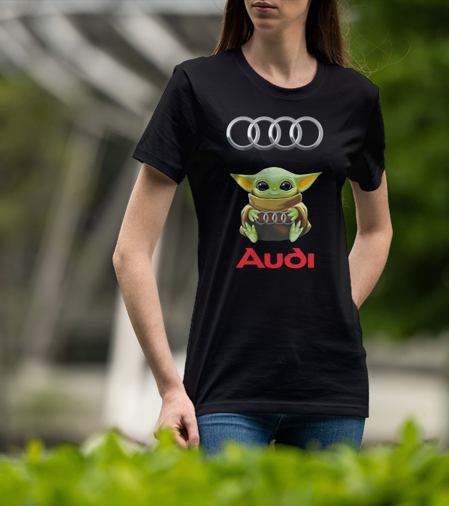 Baby Yoda Holding Audi Logo Under Audi Rings T-Shirt
