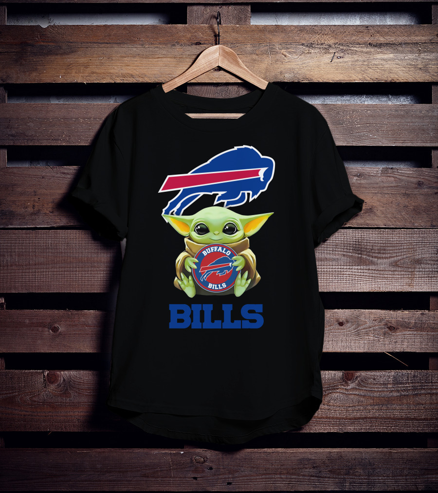 Baby Yoda Holding Buffalo Bills NFL Team Emblem With Blue Bills Text T-Shirt