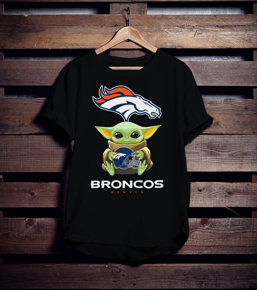Baby Yoda Holding Denver Broncos Helmet With Broncos T-Shirt