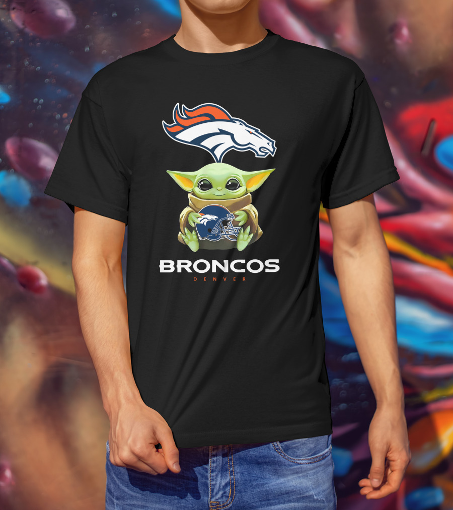 Baby Yoda Holding Denver Broncos Helmet With Broncos T-Shirt